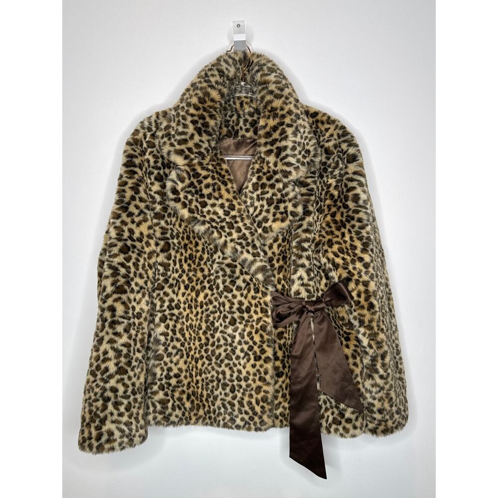 Vintage 2000s Leopard Faux Fur Wrap Coat Jacket With Side Ribbon Tie Large - Picture 11 of 16